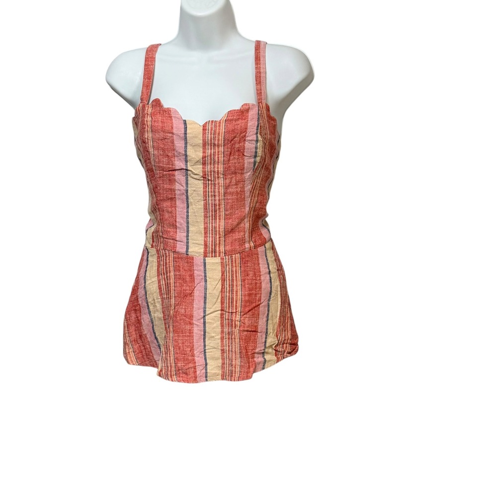 41 Hawthorn Red Striped Scalloped Peplum Top Smocked Back. Women Small NWT